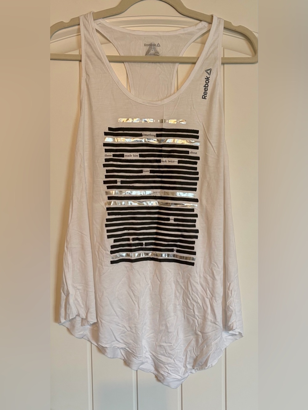 Reebok White Tank with Black Stripes and Silver Foil Bars